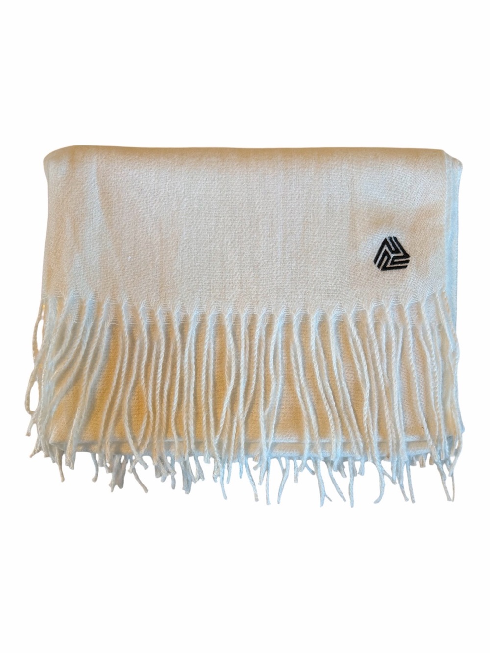Large Soft Cream Fringe Scarf with Geometric Accent